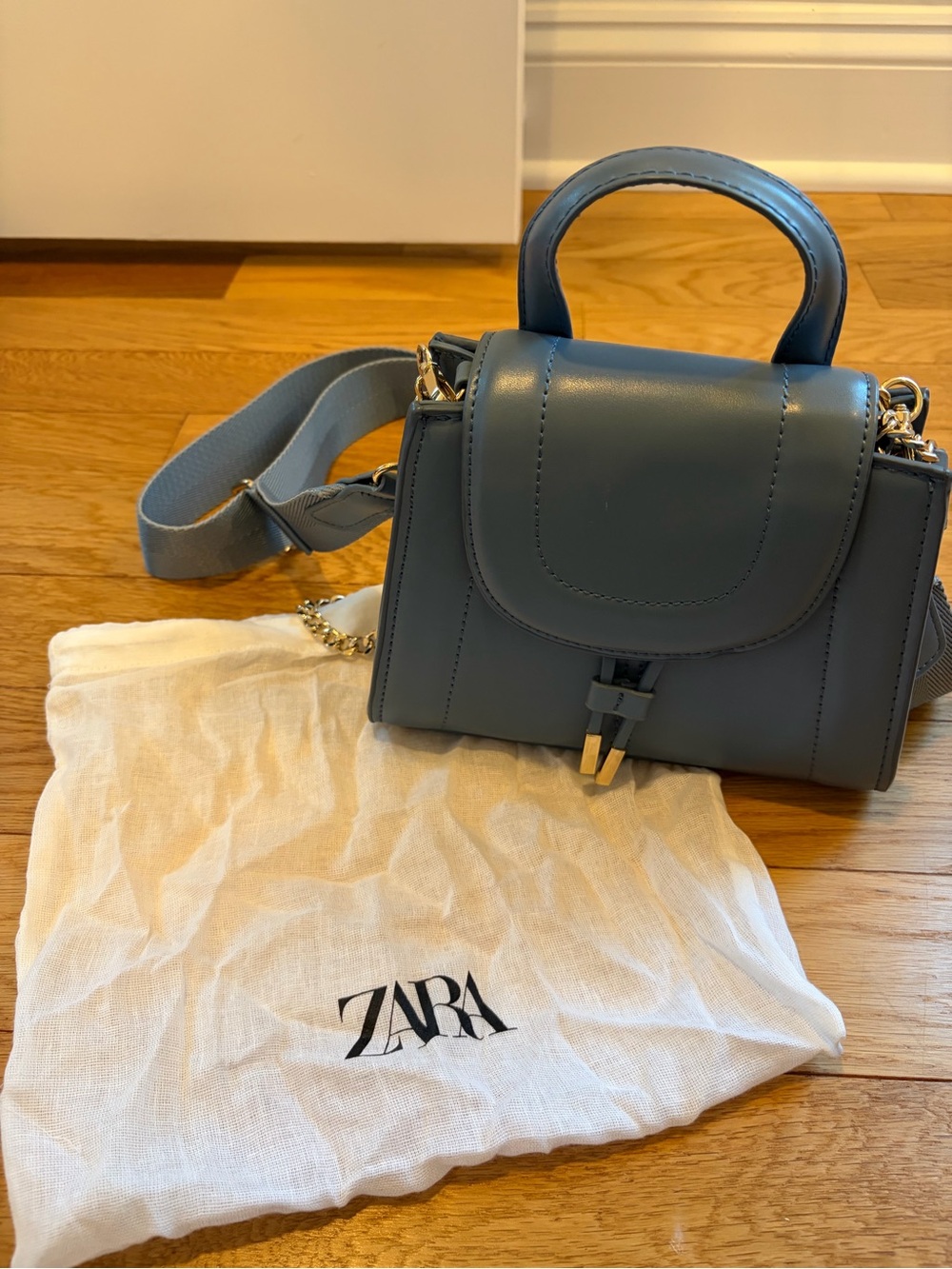 Zara Steel Blue Top-Handle Satchel with Strap